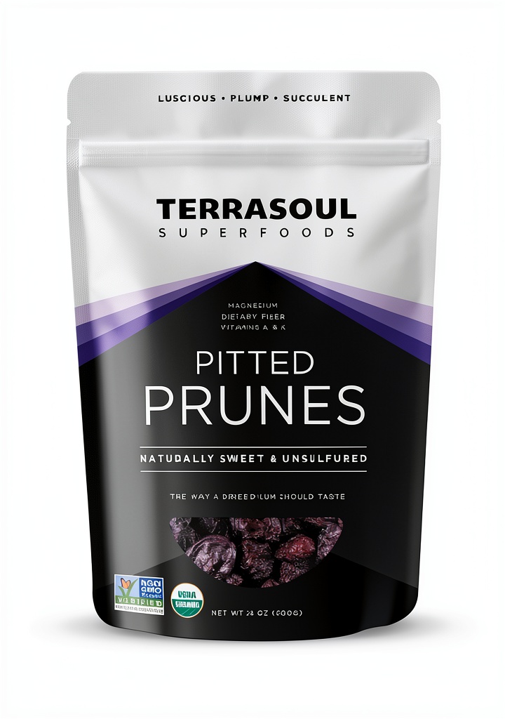 'Terrasoul Organic Pitted Prunes in a bowl showcasing their plump texture'