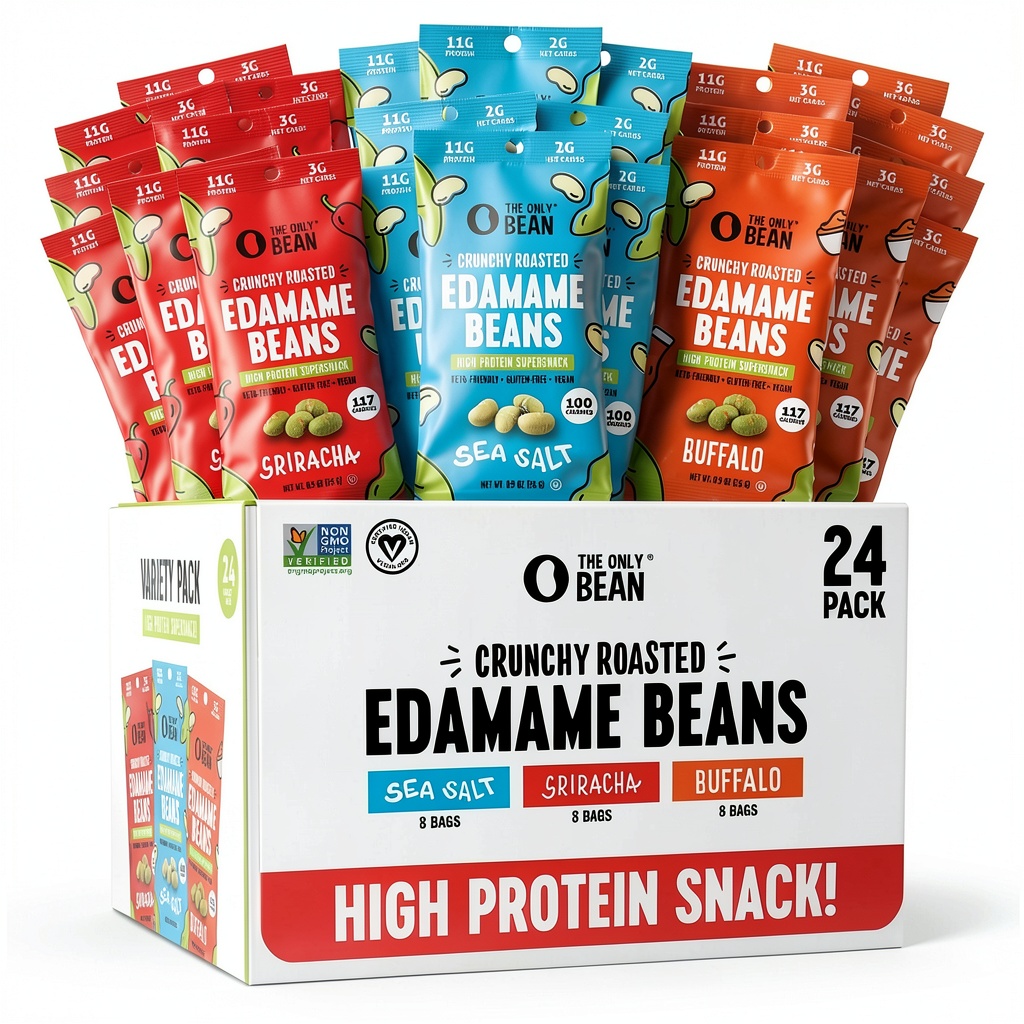 The Only Bean Edamame Snacks displayed in a bowl with fresh vegetables