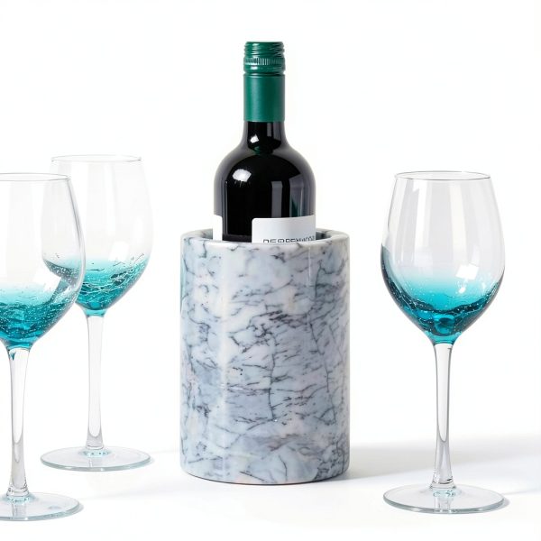 mDesign Single Bottle Wine Chiller - Ice Bucket Cooler for Kitchen, Bar, Party Decor - Holds Cold Wine, Champagne, Beer, Ready-to-Drink Cocktail Utensils, Serving Tongs - White Marble-1