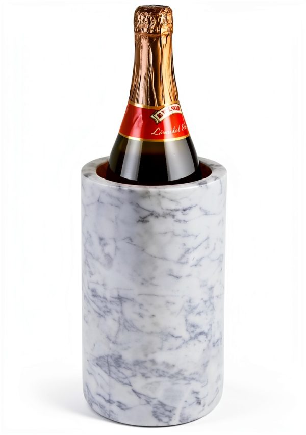 mDesign Single Bottle Wine Chiller - Ice Bucket Cooler for Kitchen, Bar, Party Decor - Holds Cold Wine, Champagne, Beer, Ready-to-Drink Cocktail Utensils, Serving Tongs - White Marble-0