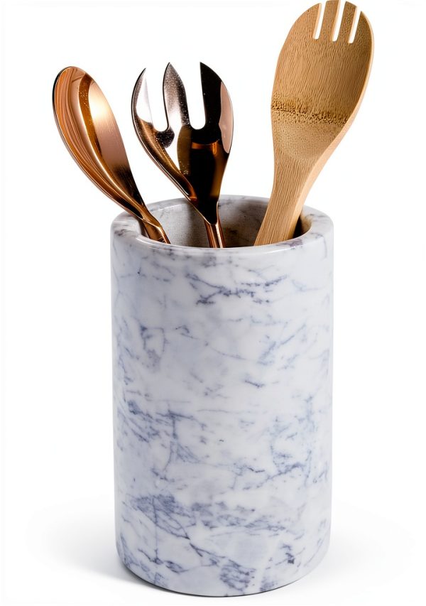 mDesign Single Bottle Wine Chiller - Ice Bucket Cooler for Kitchen, Bar, Party Decor - Holds Cold Wine, Champagne, Beer, Ready-to-Drink Cocktail Utensils, Serving Tongs - White Marble-4