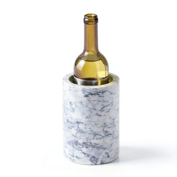 mDesign Single Bottle Wine Chiller - Ice Bucket Cooler for Kitchen, Bar, Party Decor - Holds Cold Wine, Champagne, Beer, Ready-to-Drink Cocktail Utensils, Serving Tongs - White Marble-2