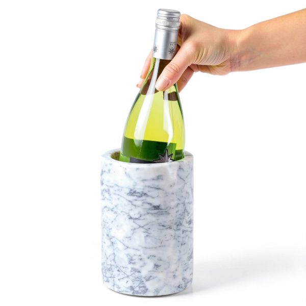 mDesign Single Bottle Wine Chiller - Ice Bucket Cooler for Kitchen, Bar, Party Decor - Holds Cold Wine, Champagne, Beer, Ready-to-Drink Cocktail Utensils, Serving Tongs - White Marble-3